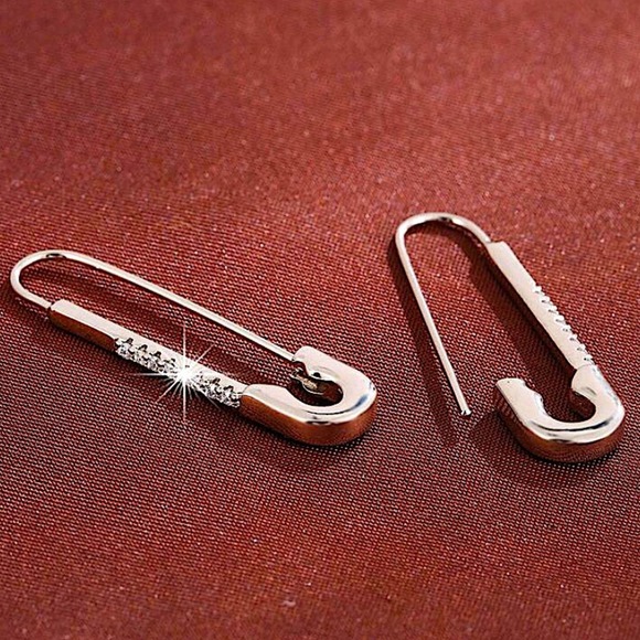 Silver Zircon Safety Pin Earrings, Minimalist, Punk, Gift For Teenager - Picture 4 of 9